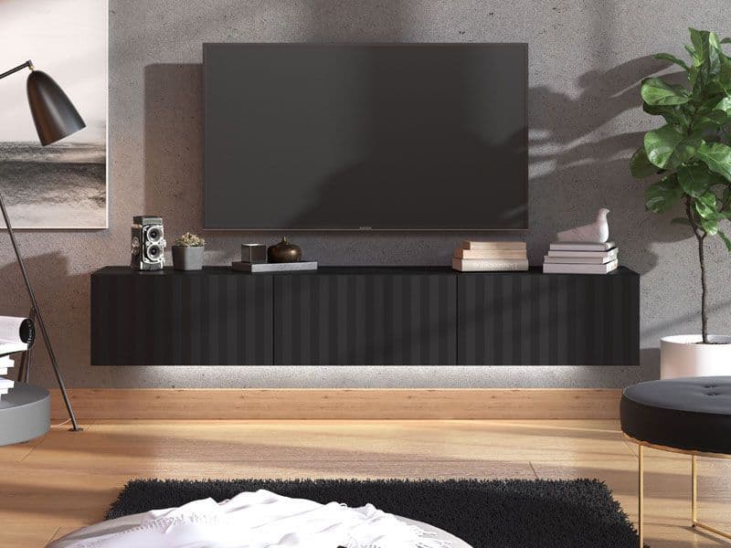 Ambrelle Black Slat Effect Wall Mounted Floating Wide 192cm Large TV Entertainment Unit 11014662