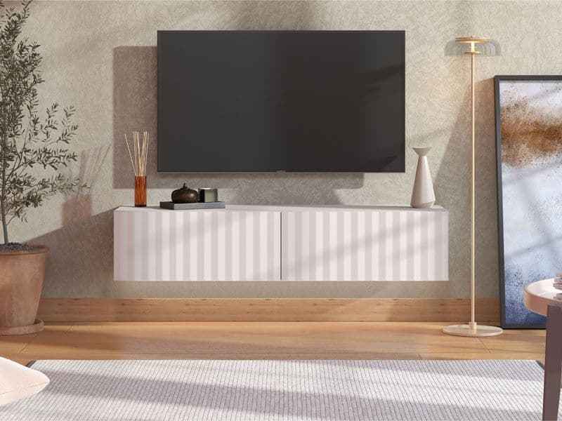 Ambrelle White Slat Effect Wall Mounted Floating Wide 154cm Large TV Entertainment Unit 11014661
