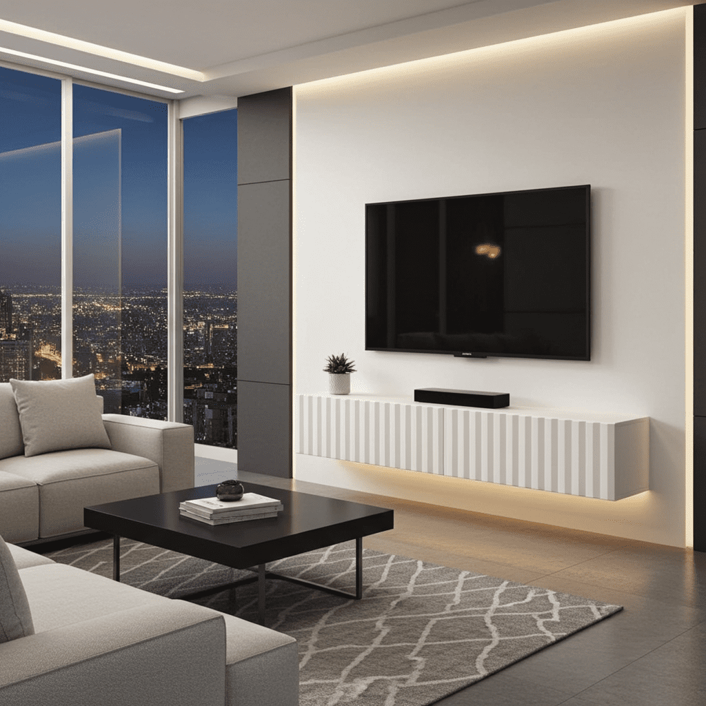 Ambrelle White Slat Effect Wall Mounted Floating Wide 154cm Large TV Entertainment Unit 11014661