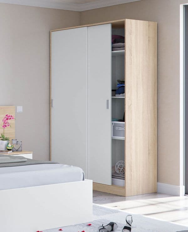 Evana Artic White and Oak Effect Small Narrow Sliding 2 Door Wardrobe 120cm Wide - TOP120F