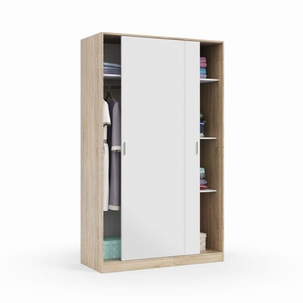 Evana Artic White and Oak Effect Small Narrow Sliding 2 Door Wardrobe 120cm Wide - TOP120F
