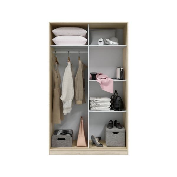 Evana Artic White and Oak Effect Small Narrow Sliding 2 Door Wardrobe 120cm Wide - TOP120F