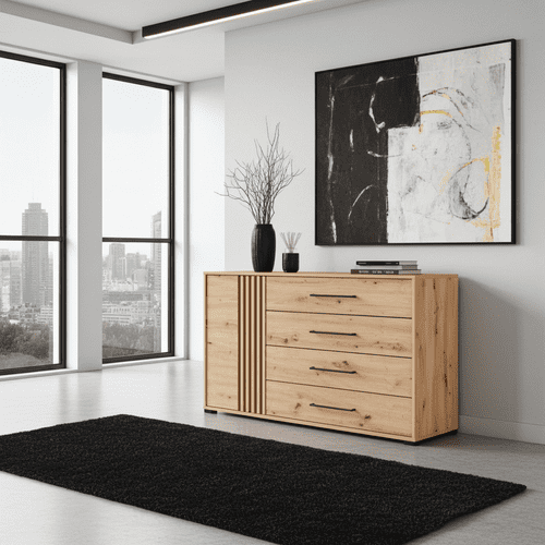 Oakalon Artisan Oak Effect And Black 4 Drawer Sideboard Dresser - 11013063