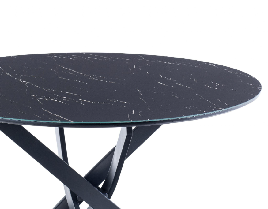 Astora 1.2m Round Black Marble Effect Glass Dining Table with Black Legs