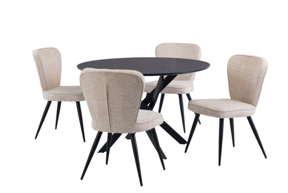 Astora 1.2m Round Black Marble Effect Glass Dining Table with Black Legs