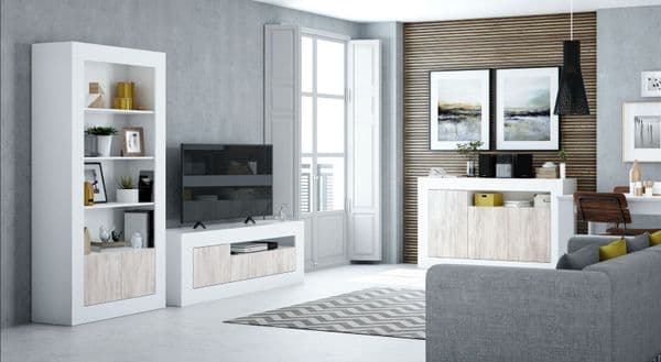 Lee Tall TV Cabinet Entertainment Unit in White with White Wood Effect- 036627A