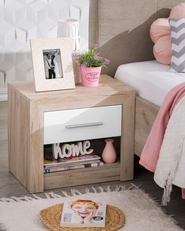 Sydney Grey Oak and White Gloss Bedside with 1 Drawer and Open Shelf- 11008673