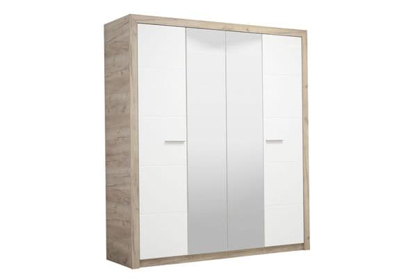 Selina Mirrored 4 Door Grey Oak and White Gloss Wardrobe With Shelves And Hanging Space - 11008706