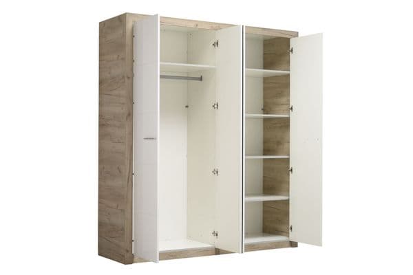 Selina Mirrored 4 Door Grey Oak and White Gloss Wardrobe With Shelves And Hanging Space - 11008706