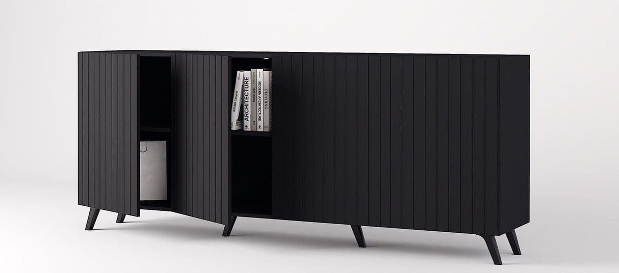 Nora Matte Black Slatted 4 Door Wide Elegant Sideboard