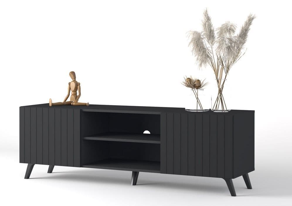 Nora Black Slatted TV Cabinet in Velvet Black