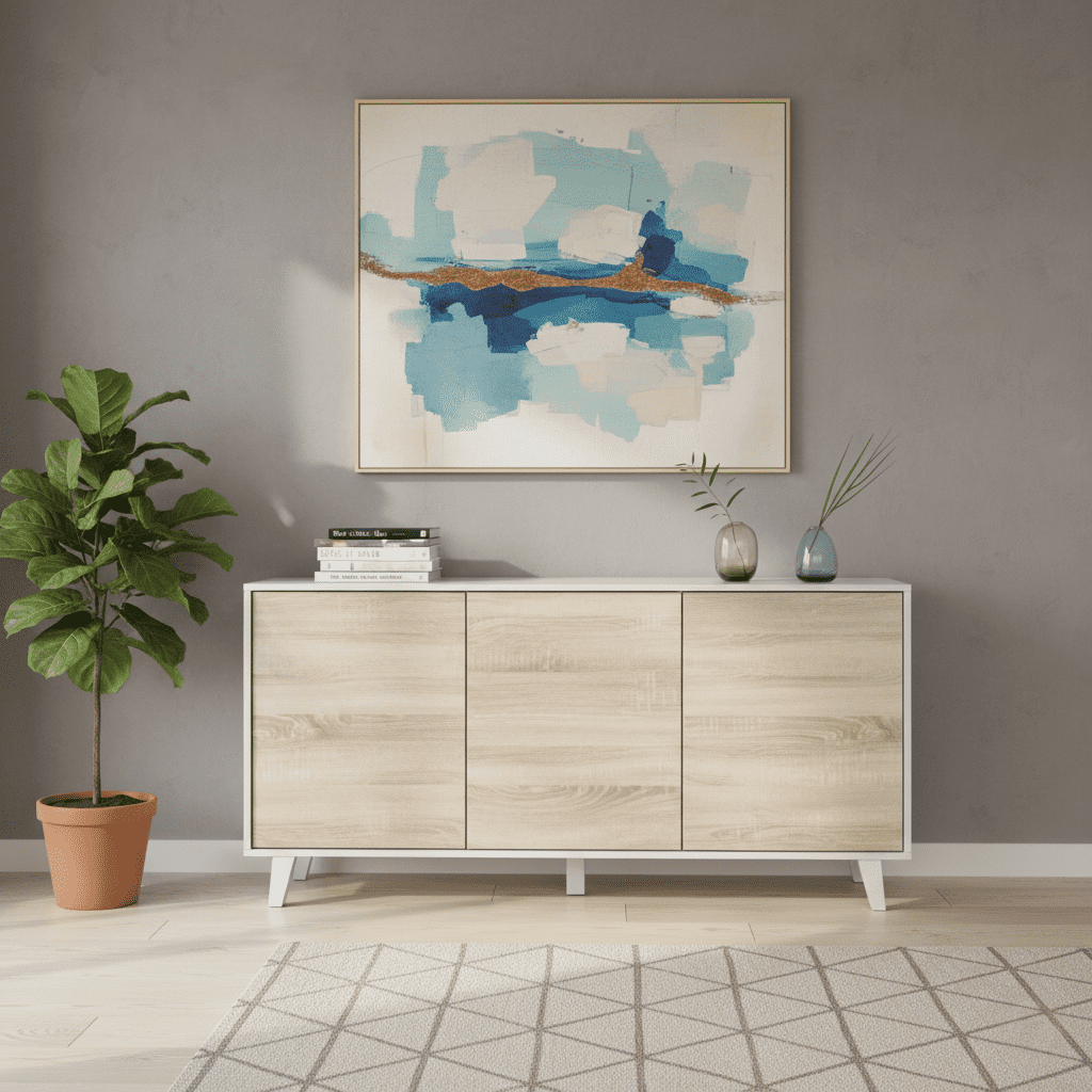 Naomi Sideboard Soft White Gloss With Oak Effect- 0F6638BO