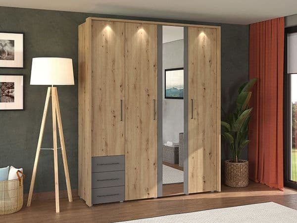 York Artisan Oak Effect And Grey 4 Door 3 Drawer Wardrobe - 11012156