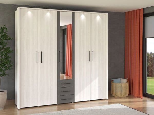 York Light Oak Effect And Antracite Grey 5 Door 3 Drawer Wardrobe - 11012288