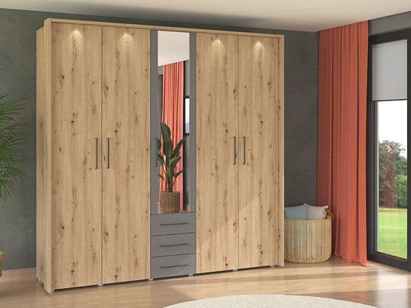 York Oak Effect And Grey 5 Door 3 Drawer Wardrobe - 11012287