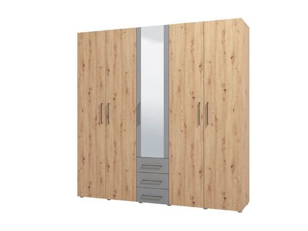 York Oak Effect And Grey 5 Door 3 Drawer Wardrobe - 11012287