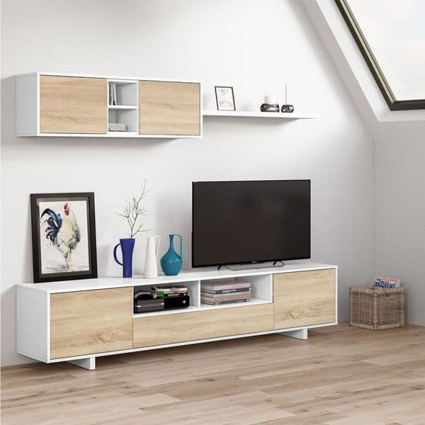 BritusWhite Gloss And Oak Effect TV Cabinet Entertainment Unit With Wall Unit- 1F6682BO