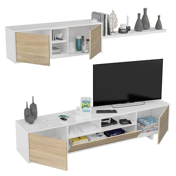 BritusWhite Gloss And Oak Effect TV Cabinet Entertainment Unit With Wall Unit- 1F6682BO