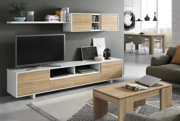 BritusWhite Gloss And Oak Effect TV Cabinet Entertainment Unit With Wall Unit- 1F6682BO