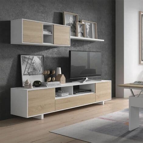 BritusWhite Gloss And Oak Effect TV Cabinet Entertainment Unit With Wall Unit- 1F6682BO