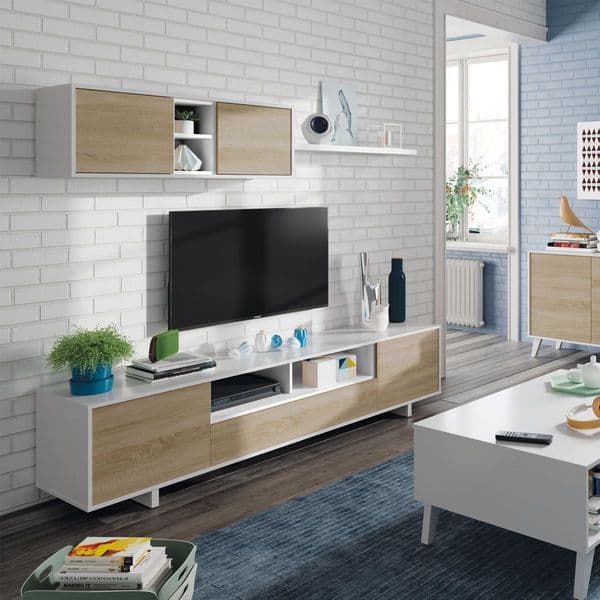 BritusWhite Gloss And Oak Effect TV Cabinet Entertainment Unit With Wall Unit- 1F6682BO