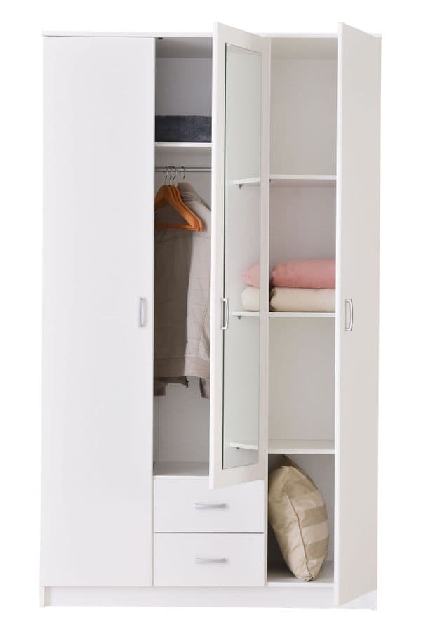 Almeria White 3 Door 2 Drawer Triple Wardrobe with Mirror- 11008714