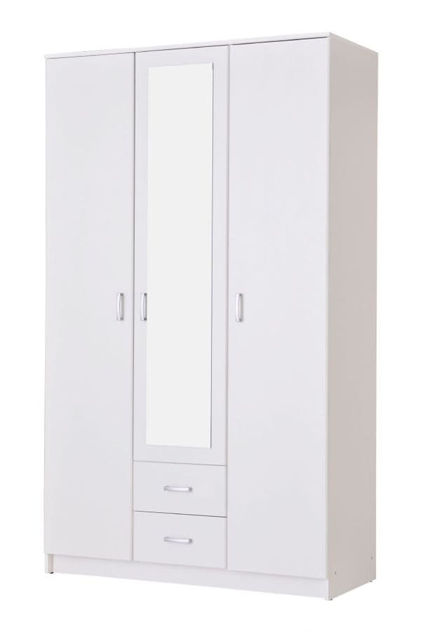 Almeria White 3 Door 2 Drawer Triple Wardrobe with Mirror- 11008714
