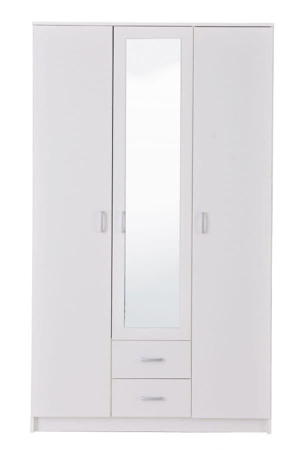 Almeria White 3 Door 2 Drawer Triple Wardrobe with Mirror- 11008714