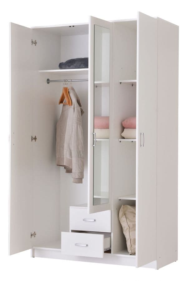 Almeria White 3 Door 2 Drawer Triple Wardrobe with Mirror- 11008714
