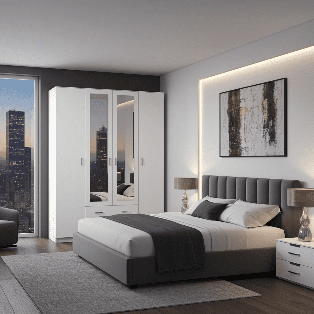 Almeria White 4 Door 2 Drawer Large Wardrobe with Mirrors- 11008721