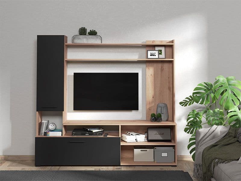 Algarve Artisan Oak Effect And Black Entertaiment Unit Wall TV Cabinet - 11011452