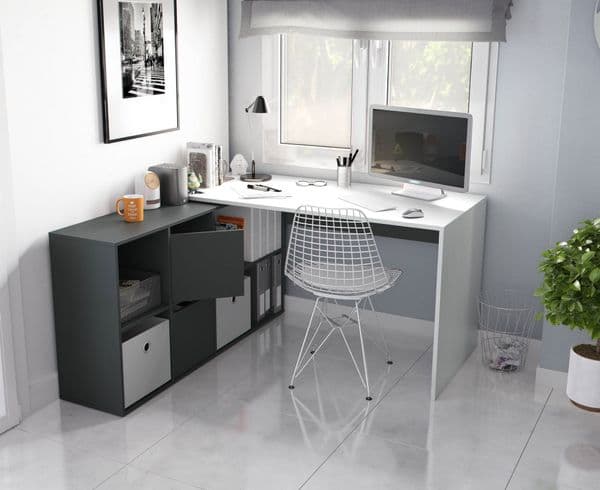 Broxton White and Grey Reversible Large Corner Desk with Storage- 0L4606A