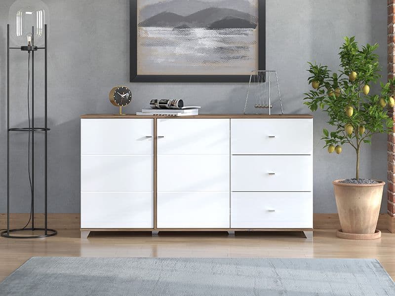 Crimson White High Gloss And Warm Oak Effect 162cm 2 Door 3 Drawer Sideboard 11012059