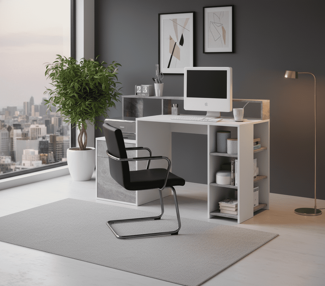 Sense White and Grey Desk with Hutch and Drawers 3006-001 2673RZ