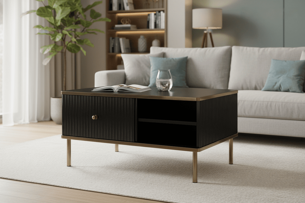 Camelienne Slatted Black And Gold Elegant Storage Coffee Table 3150rz