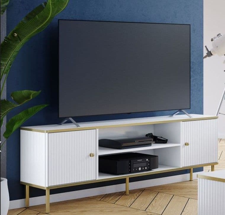 Camelienne Slatted White And Gold Elegant Large TV Cabinet With 2 Doors 3147RZ