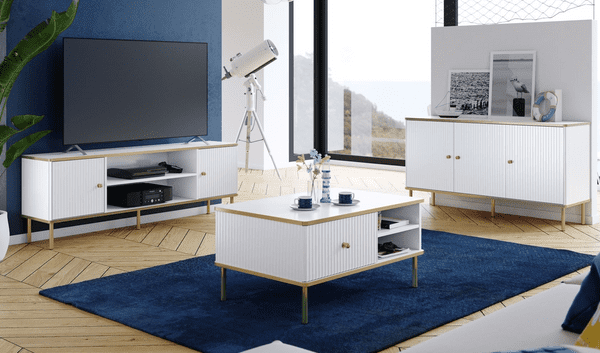 Camelienne Slatted White And Gold Elegant Large TV Cabinet With 2 Doors 3147RZ