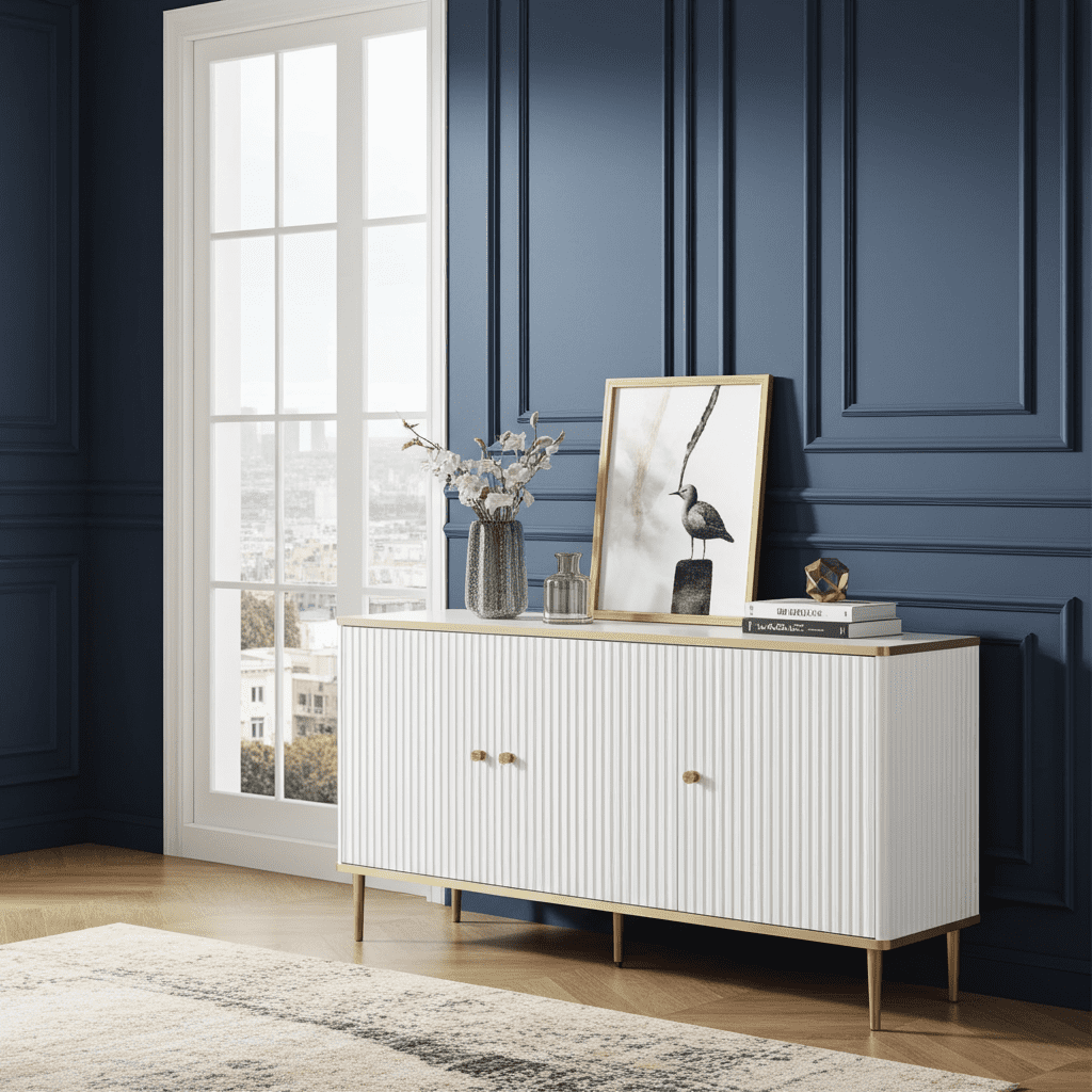 Camelienne Slatted White And Gold Large 3 Door Elegant Sideboard 3145RZ