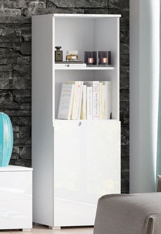 Serene White High Gloss Short Narrow Bookcase With 1 Door S10