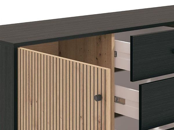 Bevalon Slatted Artisan Oak Effect And Black 157cm 2 Door 4 Drawer Sideboard - 11013540