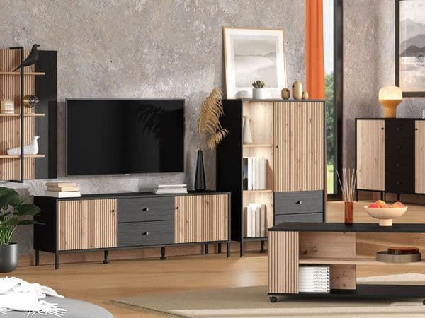 Bevalon Slatted Artisan Oak Effect And Black Low Short Showcase Display Cabinet 11013545