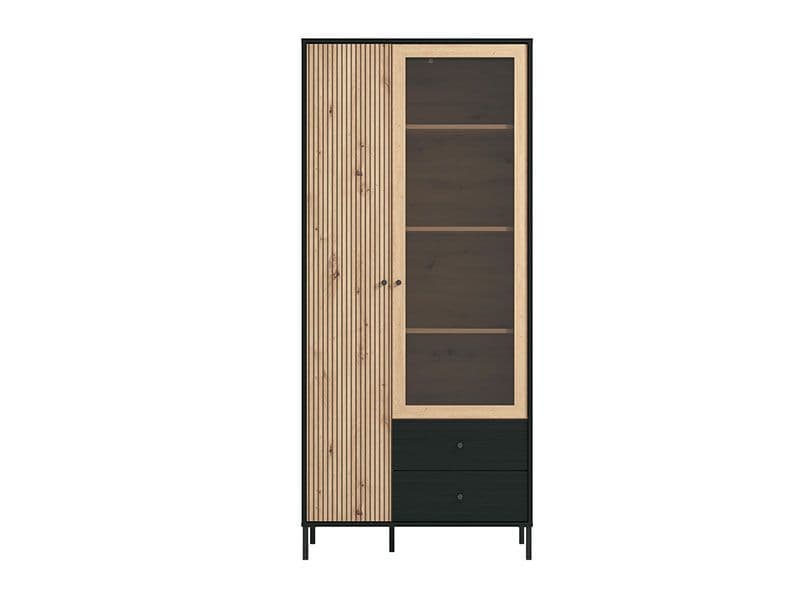 Bevalon Slatted Artisan Oak Effect And Black Tall 2 Door Display Unit Cabinet - 11013529