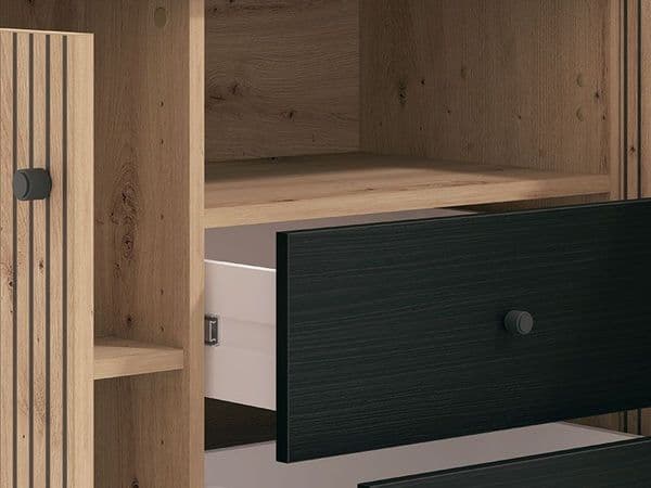 Bevalon Slatted Artisan Oak Effect And Black Wide TV Unit Cabinet With 3 Doors 11013530