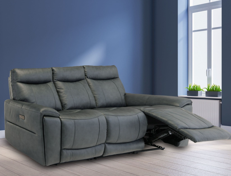 Danetto Vintage Blue Leather 3 Seater Electric Recliner Sofa