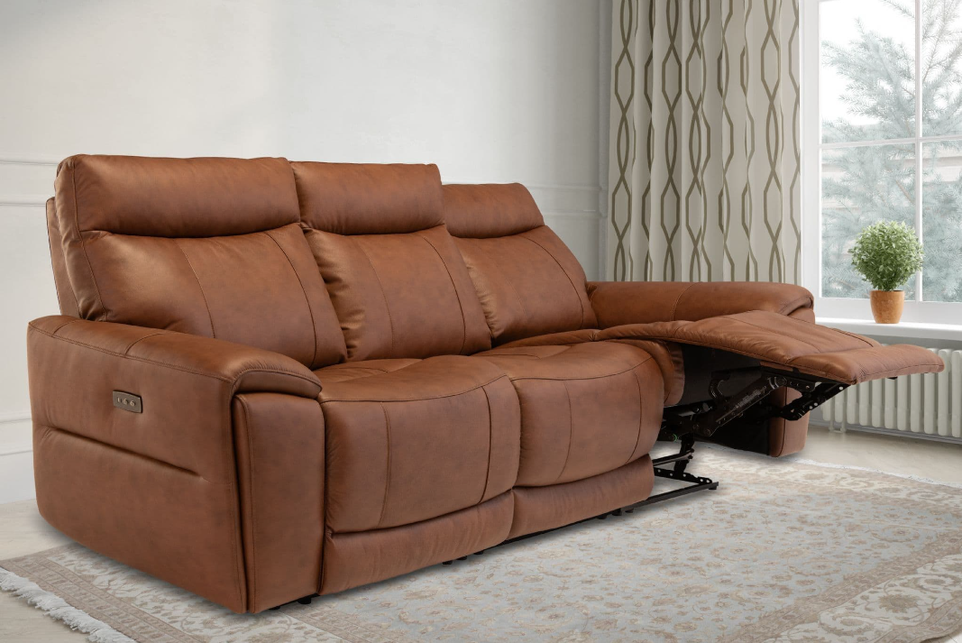 Danetto Vintage Tan Leather 3 Seater Electric Recliner Sofa