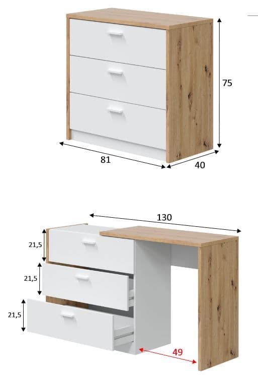 Diver Space Saving Chest of Drawer Desk in White and Oak-017849W