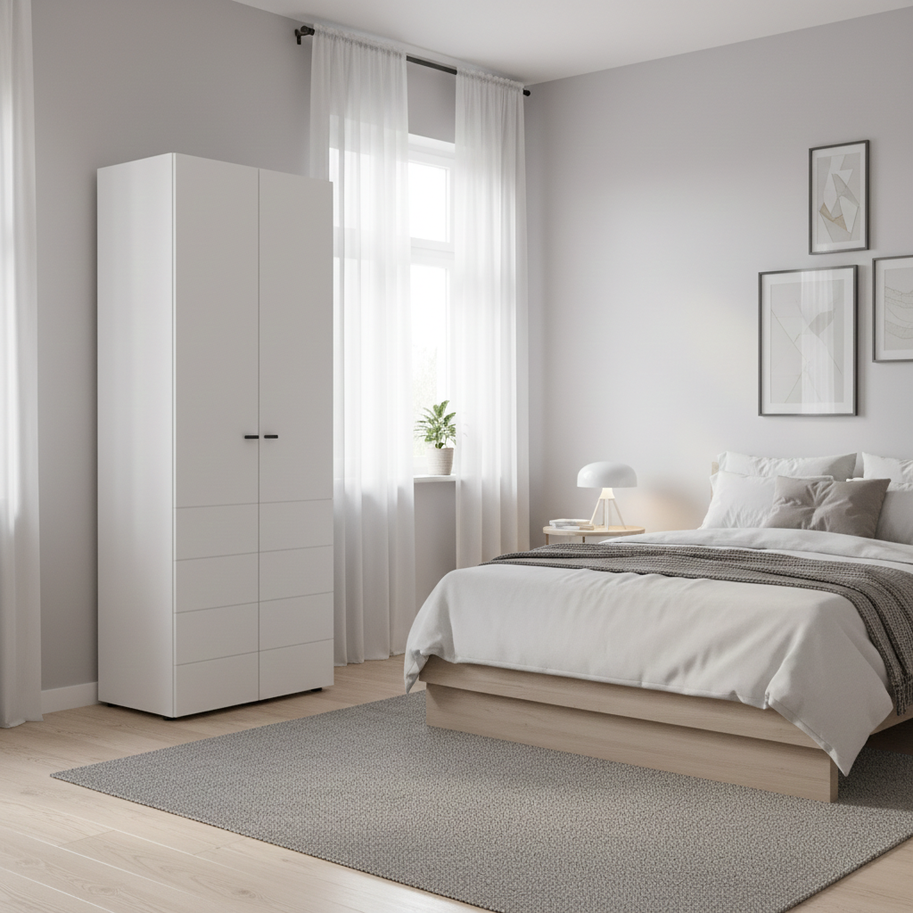 Nevaris White Narrow 2 Door Space-Saving 78.5cm Wide Wardrobe - 11014948