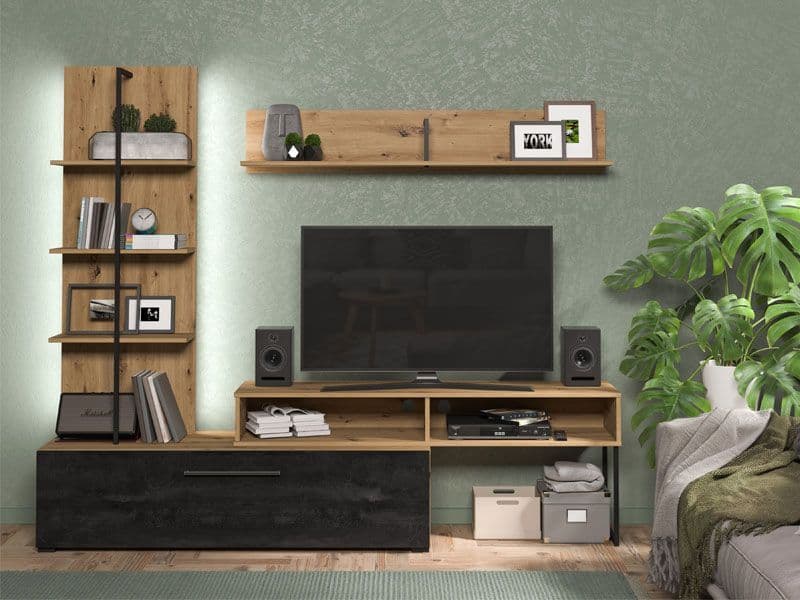 Zafora Artisan Oak Effect And Black Entertaiment Center Wall TV Cabinet - 11011202