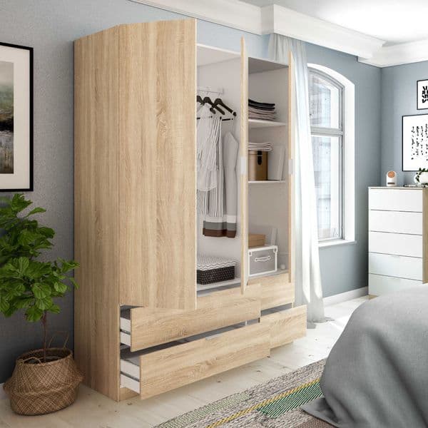 Spinda Canadian Oak Effect 3 Door 4 Drawer Space-Saving Wardrobe 135cm Wide- LCX453F