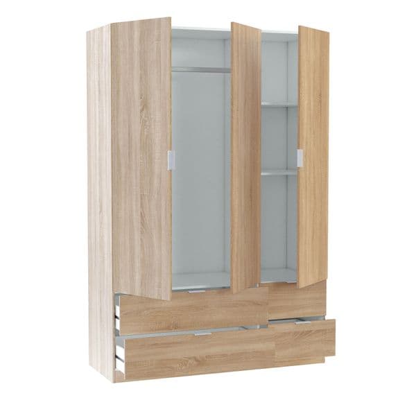 Spinda Canadian Oak Effect 3 Door 4 Drawer Space-Saving Wardrobe 135cm Wide- LCX453F